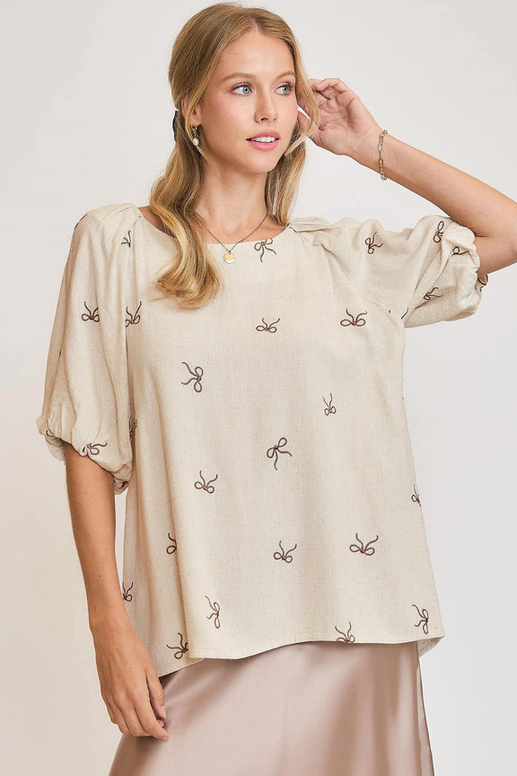 Umgee Full Size Linen Blend Ribbon Embroidered Top Plus Size OATMEAL