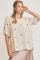 Umgee Full Size Linen Blend Ribbon Embroidered Top Plus Size OATMEAL
