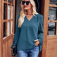 V-Neck Tie Cuff Puff Sleeve Blouse