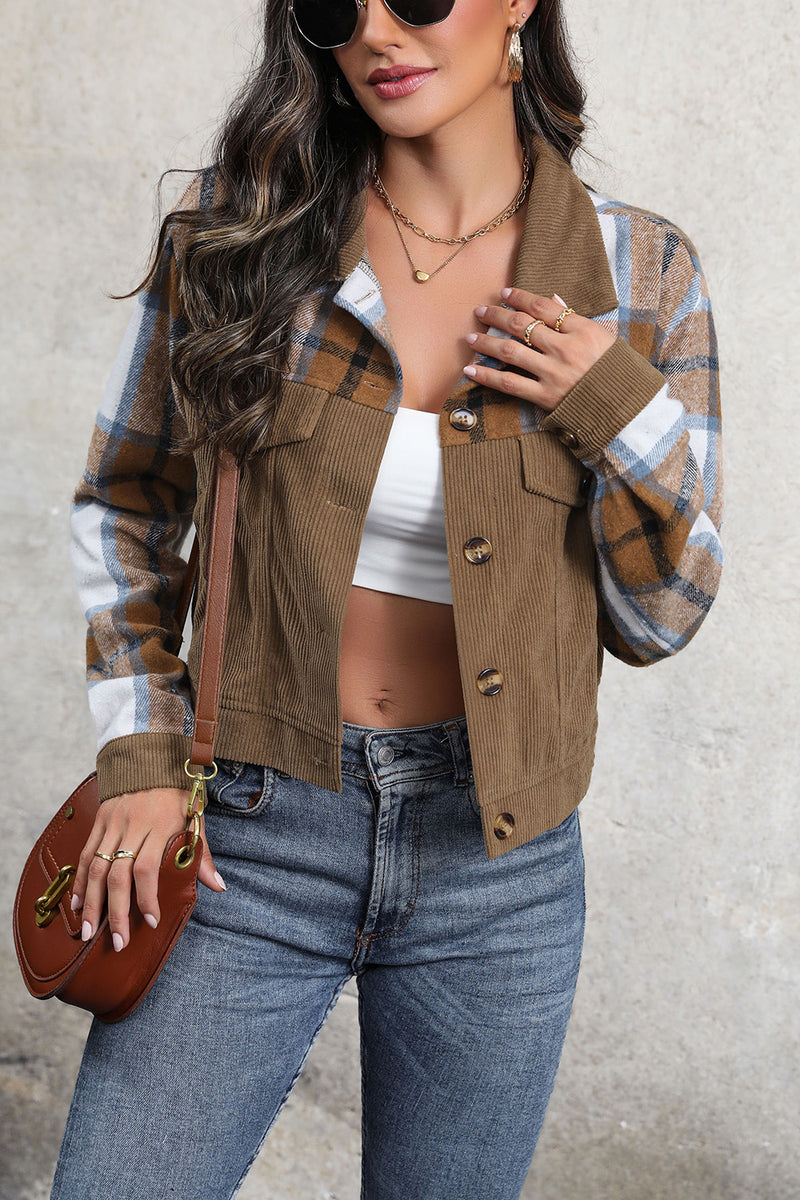 Perfee Plaid Button Up Collared Neck Jacket Brown