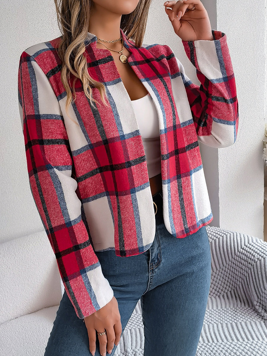 Plaid Open Front Long Sleeve Jacket Orange-Red
