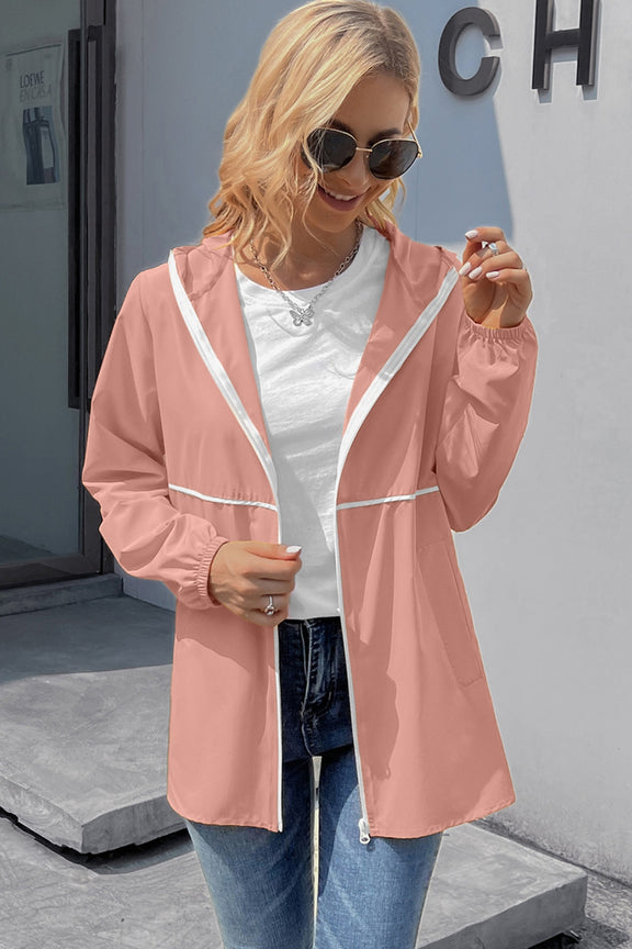 Ivy Lane Zip Up Long Sleeve Hooded Watertight Jacket Blush Pink