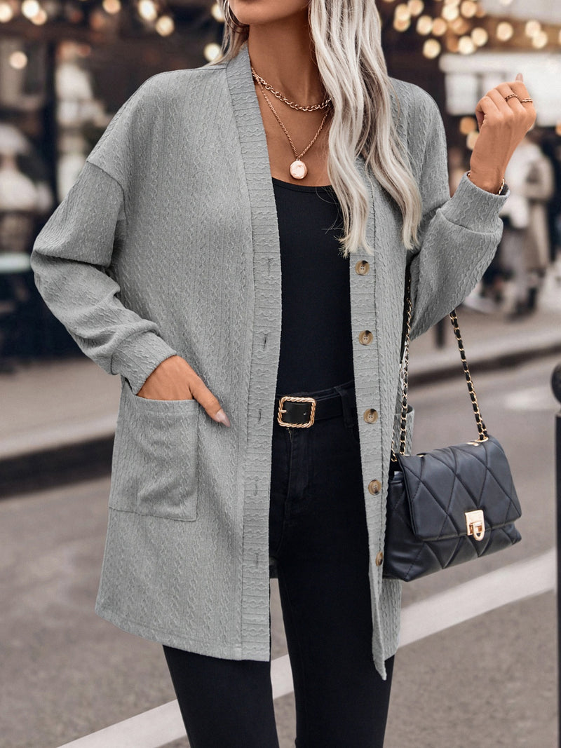 Textured Button Down V-Neck Long Sleeve Cardigan