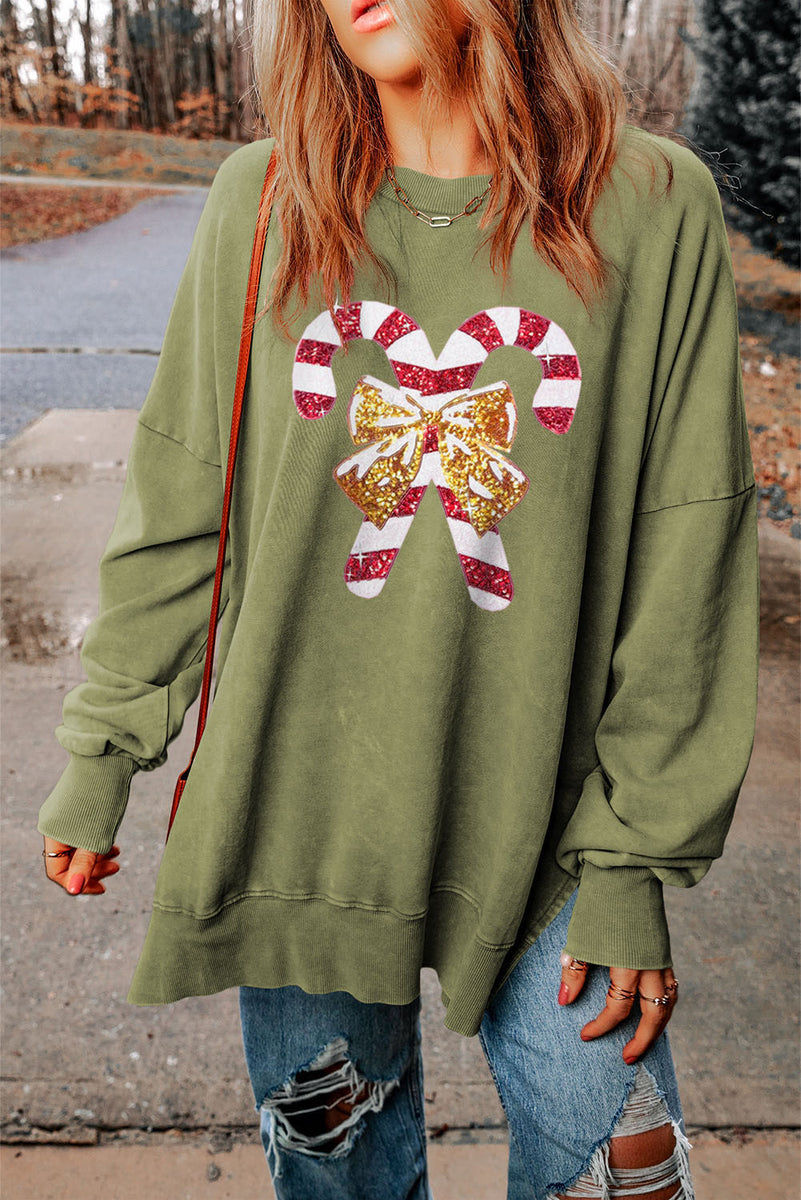 Sequin Candy Cane Round Neck Slit Sweatshirt Matcha Green