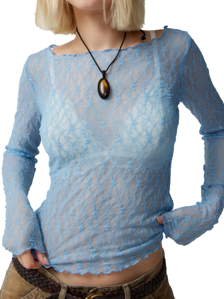 Lace Boat Neck Long Sleeve Blouse Light Blue