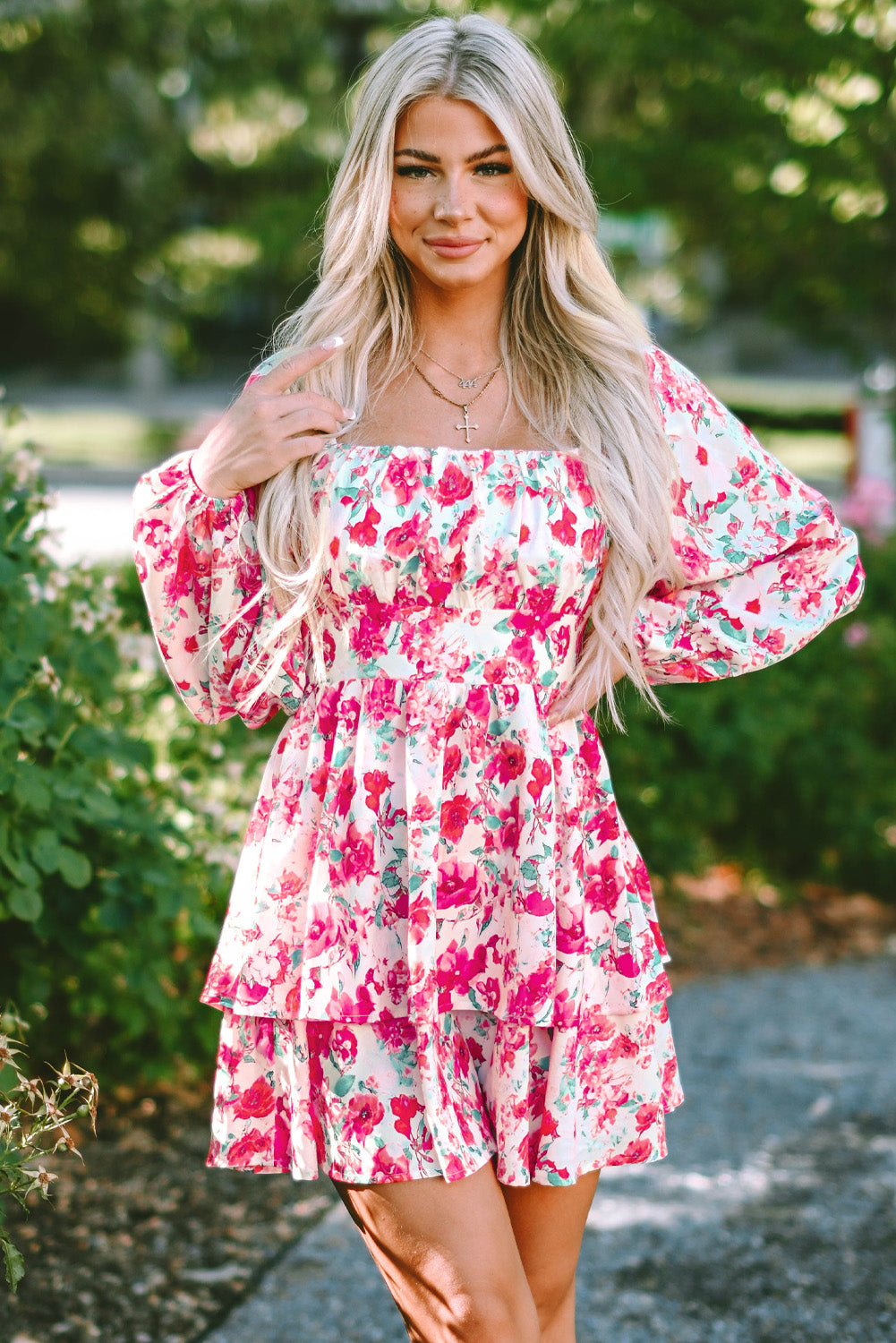 Floral Square Neck Layered Dress