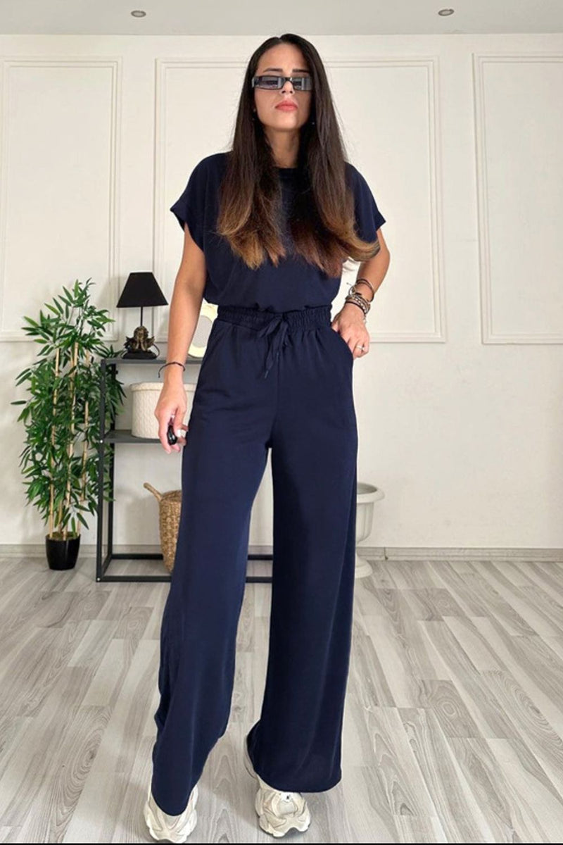 Round Neck Short Sleeve Top and Drawstring Pants Set Dark Blue