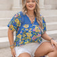 Plus Size Printed Notched Short Sleeve Blouse