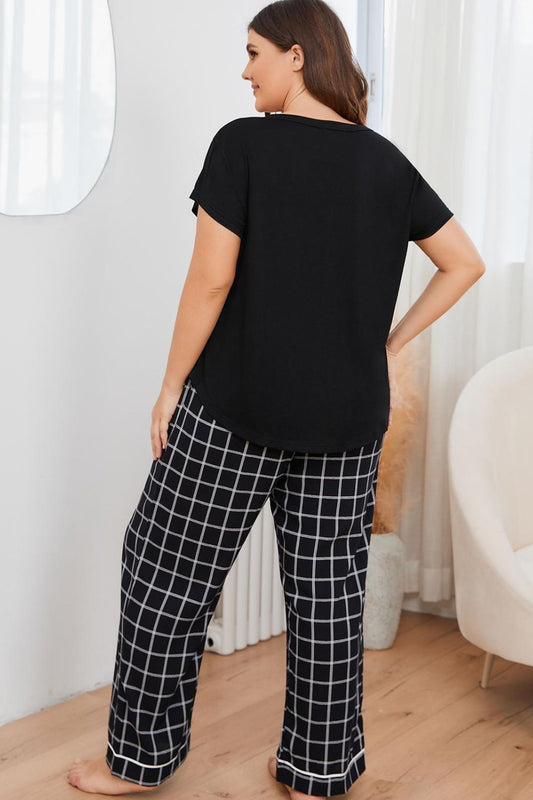 Plus Size V-Neck Top and Plaid Pants Lounge Set