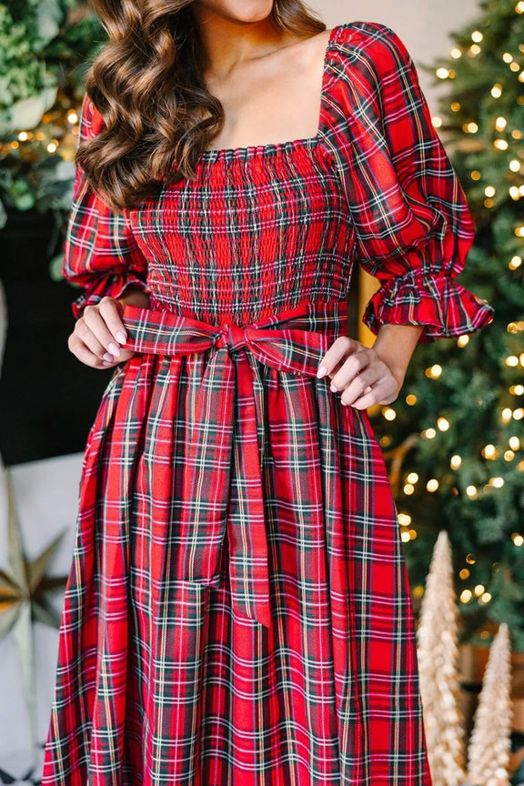 Plaid Smocked Flounce Sleeve Midi Dress
