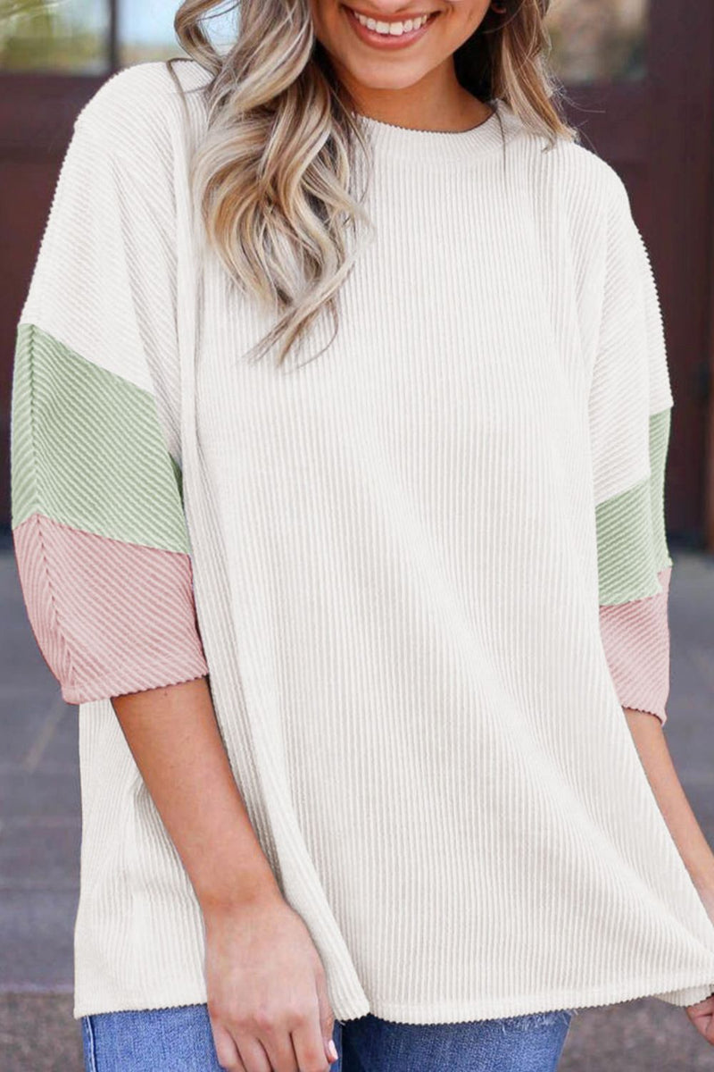 Color Block Ribbed Knit Three-Quarter Sleeve Top White