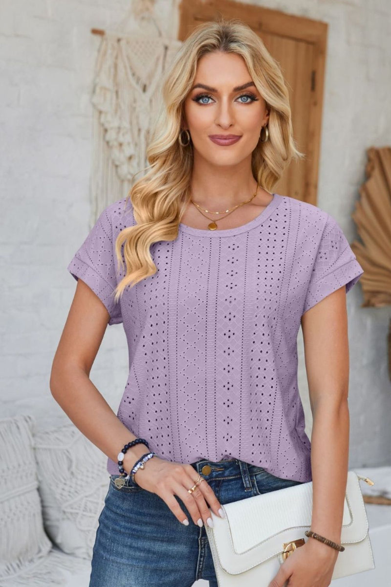 Eyelet Round Neck Rolled Short Sleeve T-Shirt Lavender