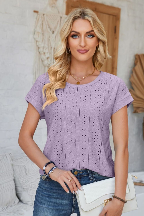 Eyelet Round Neck Rolled Short Sleeve T-Shirt Lavender