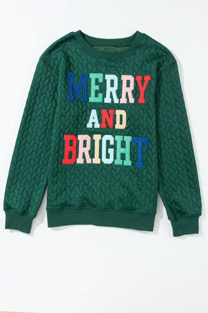 Full Size MERRY AND BRIGHT Cable Knit Pullover Sweatshirt Dark Green