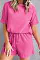 Waffle-Knit Round Neck Top and Shorts Set Hot Pink