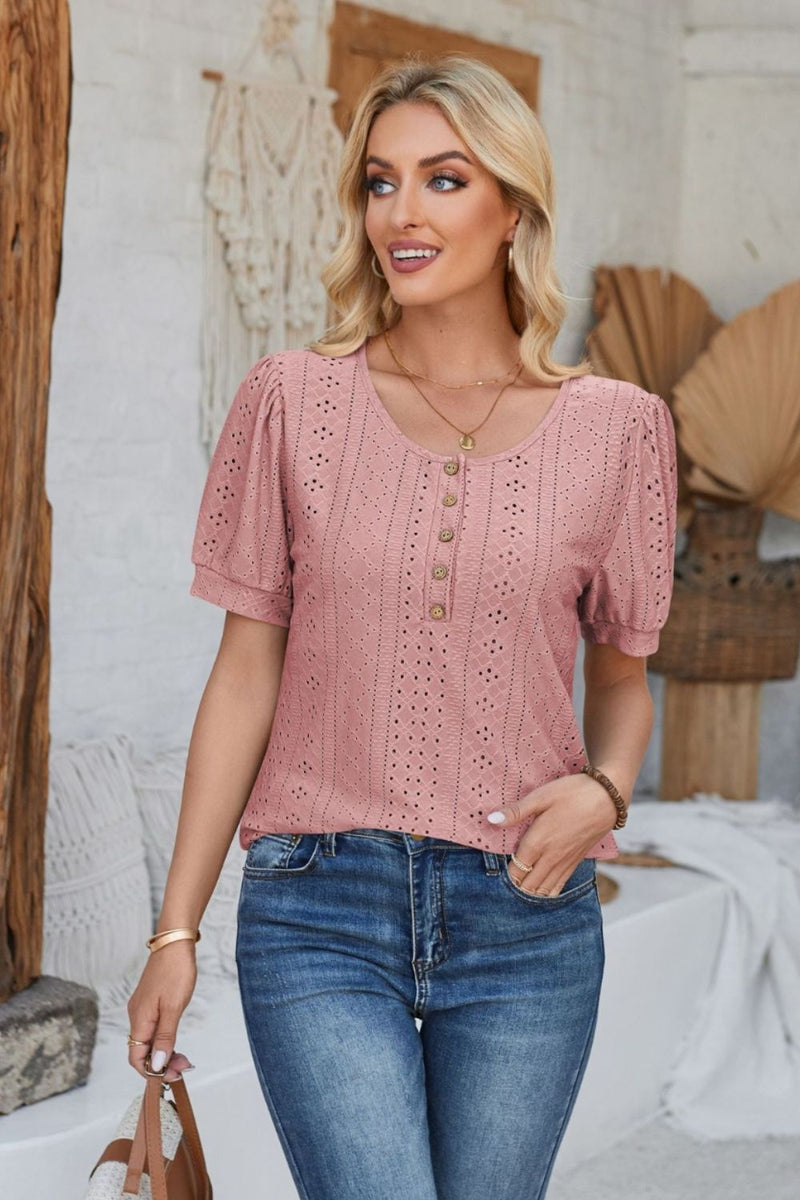 Eyelet Round Neck Short Sleeve Blouse Dusty Pink