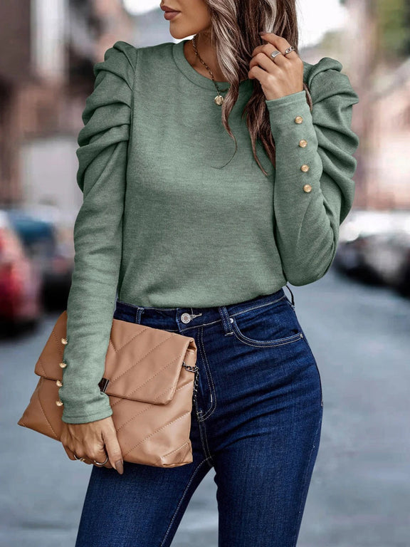 Decorative Button Puff Sleeve T-Shirt Light Green