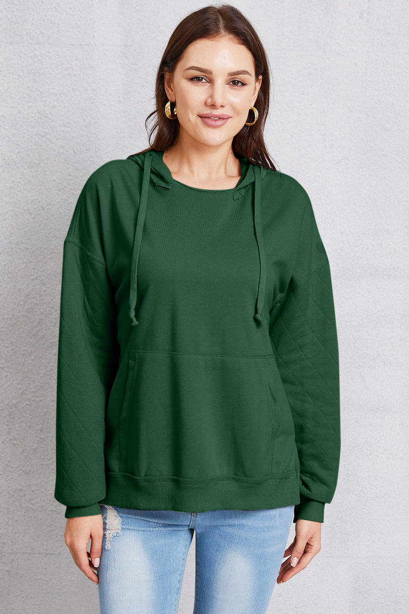 Drawstring Kangaroo Pocket Dropped Shoulder Hoodie Dark Green