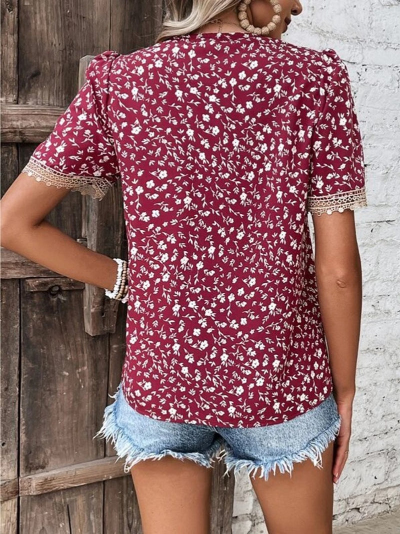 Full Size Printed V-Neck Short Sleeve Blouse