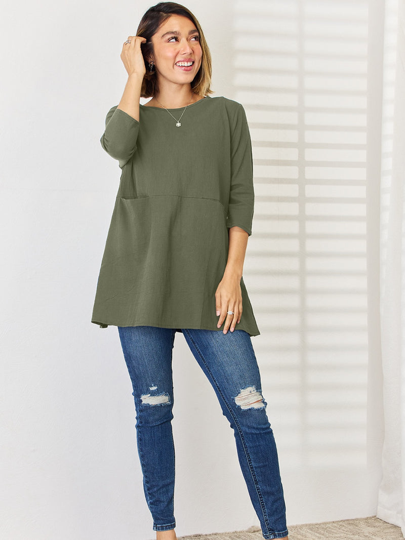 Pocketed Round Neck Half Sleeve Blouse