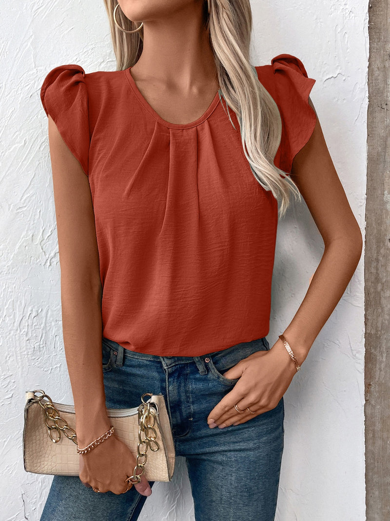 Ivy Lane Ruched Round Neck Cap Sleeve Blouse