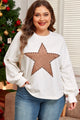 Plus Size Studded Star Round Neck Long Sleeve Blouse White