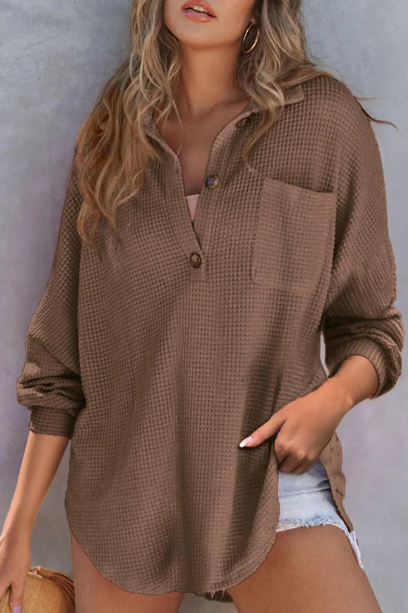 Half Button Long Sleeve Sweatshirt Coffee Brown