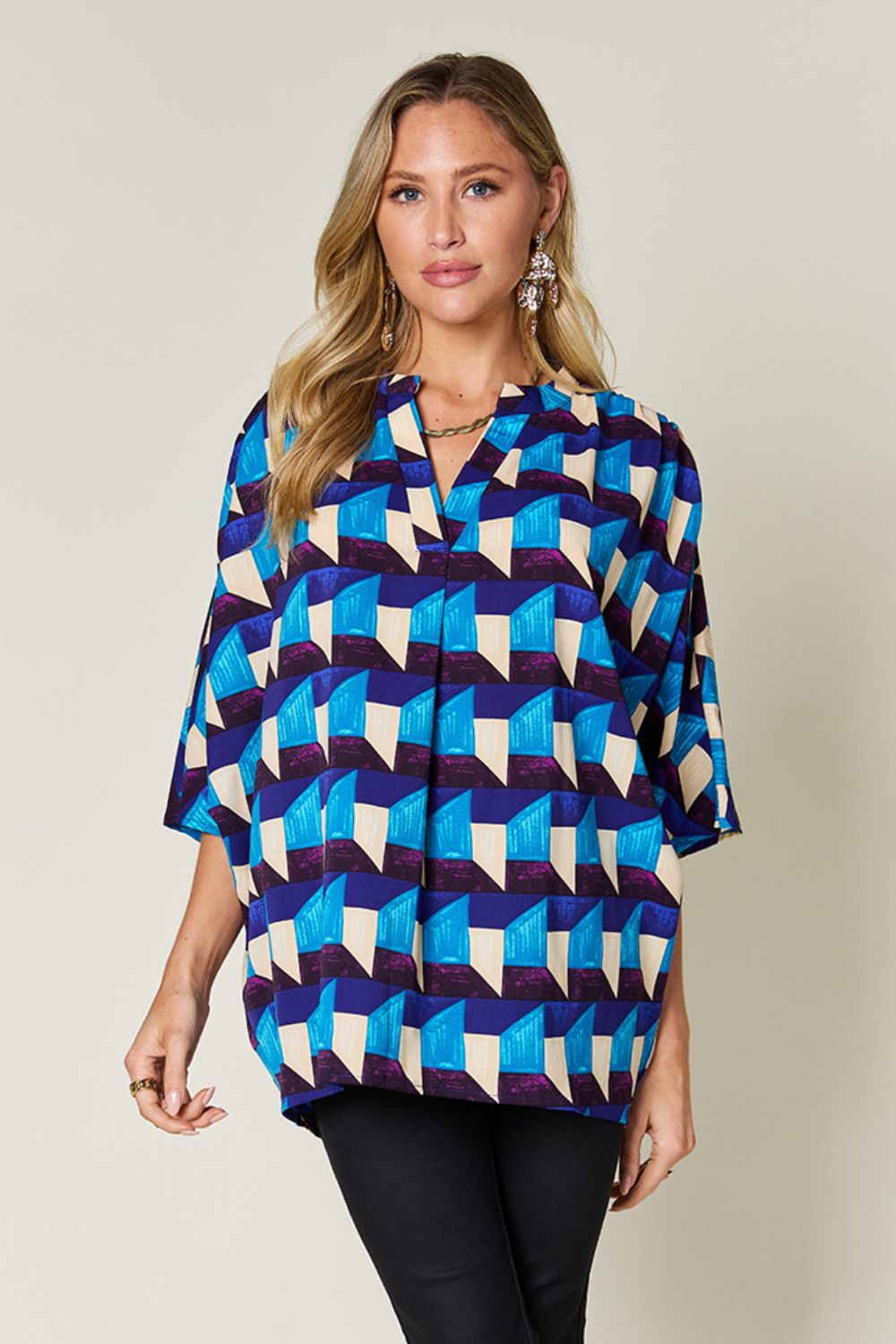 Double Take Full Size Geometric Notched Half Sleeve Blouse Sky Blue