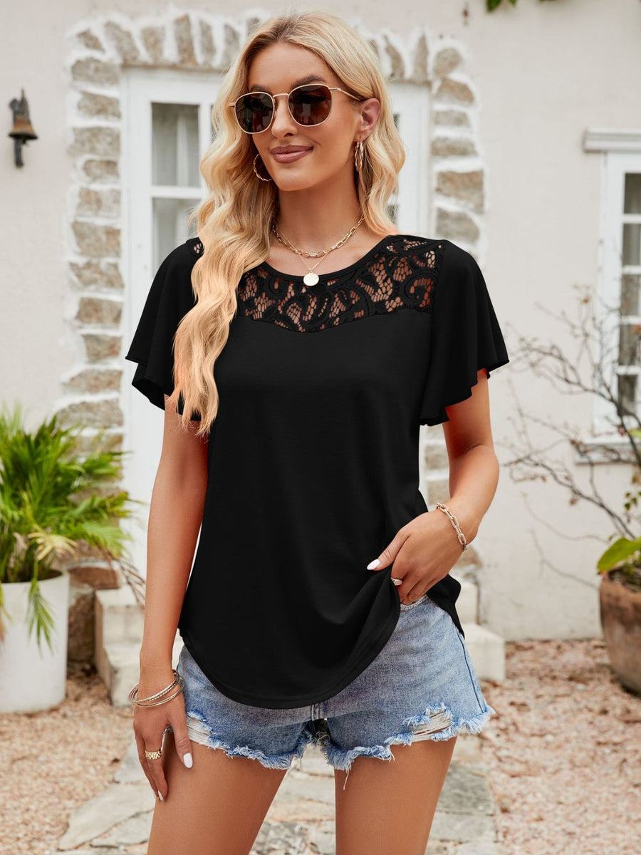 Lace Detail Round Neck Short Sleeve T-Shirt Black