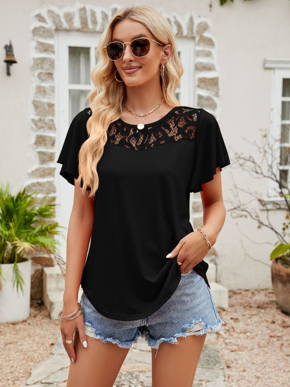 Lace Detail Round Neck Short Sleeve T-Shirt Black