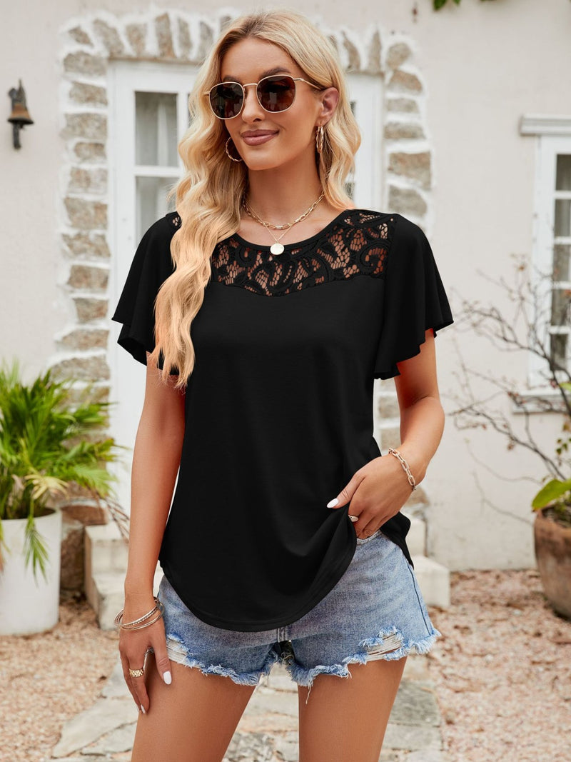 Lace Detail Round Neck Short Sleeve T-Shirt Black