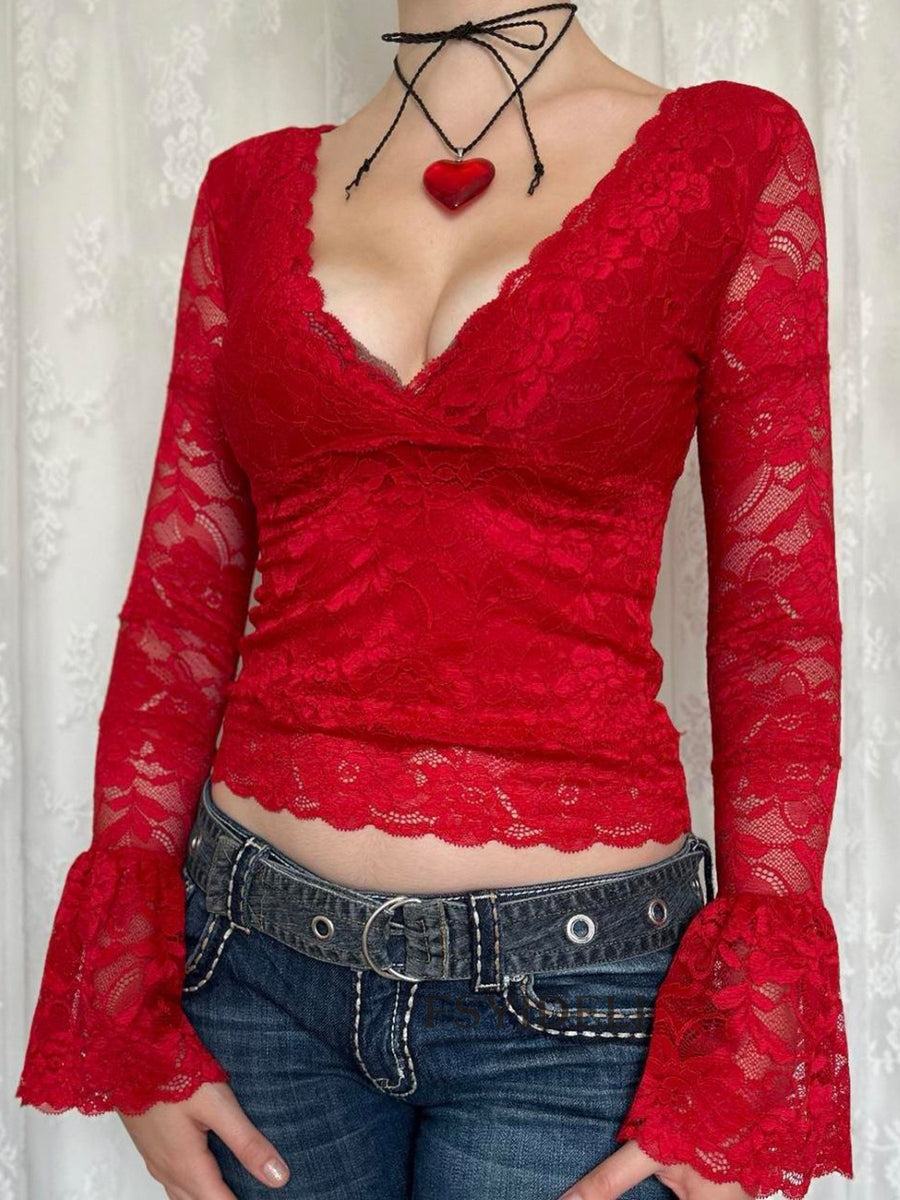 Lace Surplice Long Sleeve Blouse Deep Red