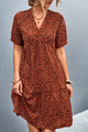 Ditsy Floral Empire Waist Plunge Short Sleeve Dress Rust