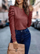 Decorative Button Puff Sleeve T-Shirt Burgundy