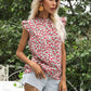 Perfee Ruffled Floral Mock Neck Cap Sleeve Blouse