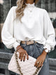 Smocked Frill Mock Neck Long Sleeve Blouse White