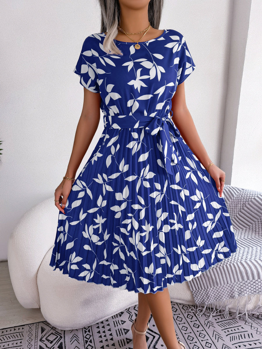 Printed Round Neck Short Sleeve Pleated Dress Dark Blue