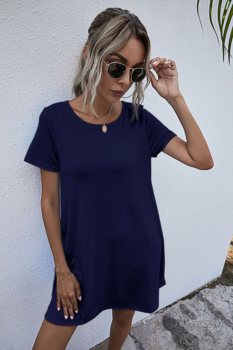 Round Neck Short Sleeve Mini Dress Dark Blue