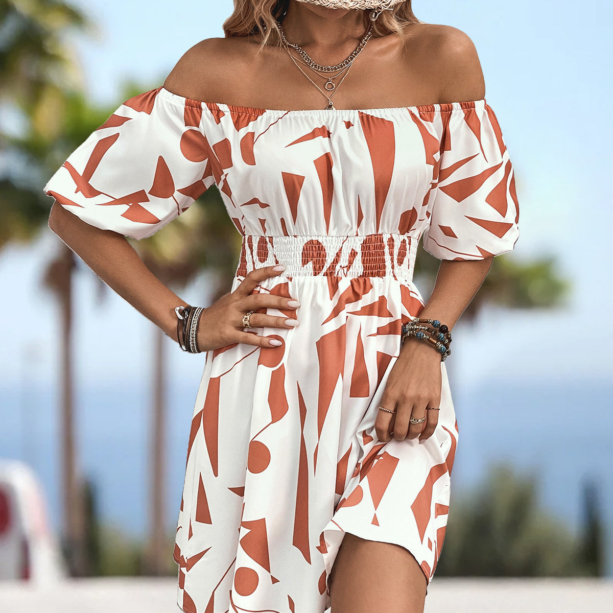Printed Off-Shoulder Smocked Waist Dress