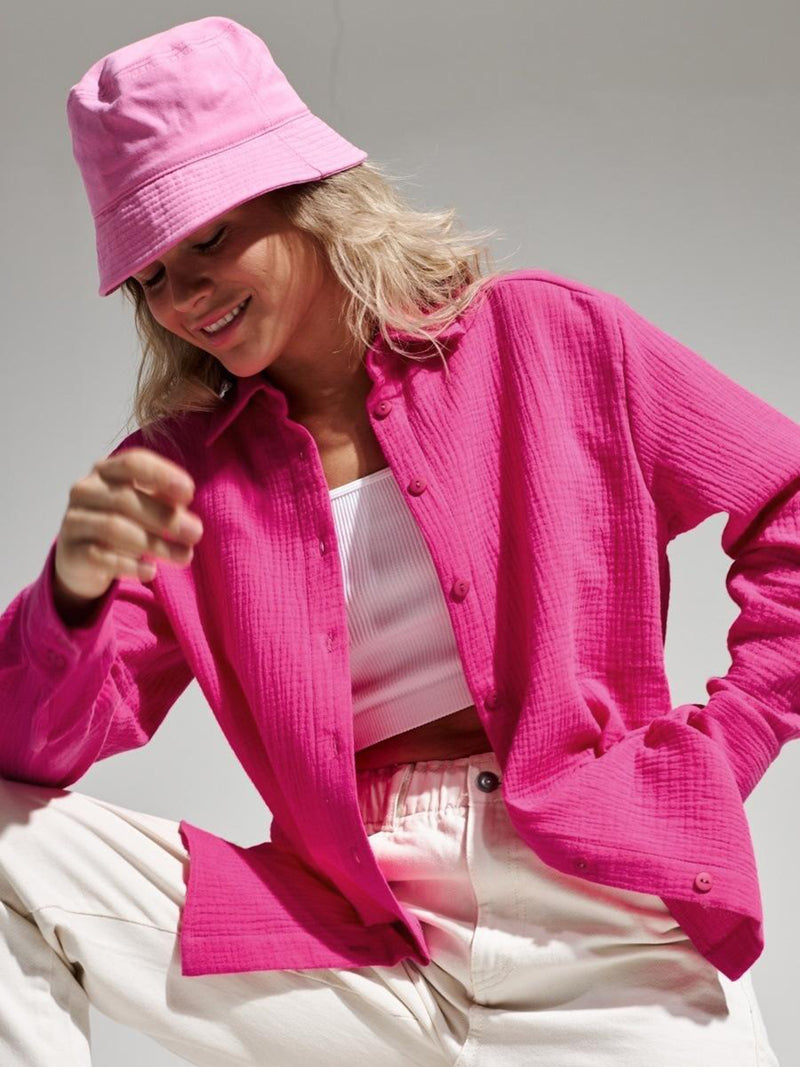 Textured Collared Neck Long Sleeve Shirt Hot Pink