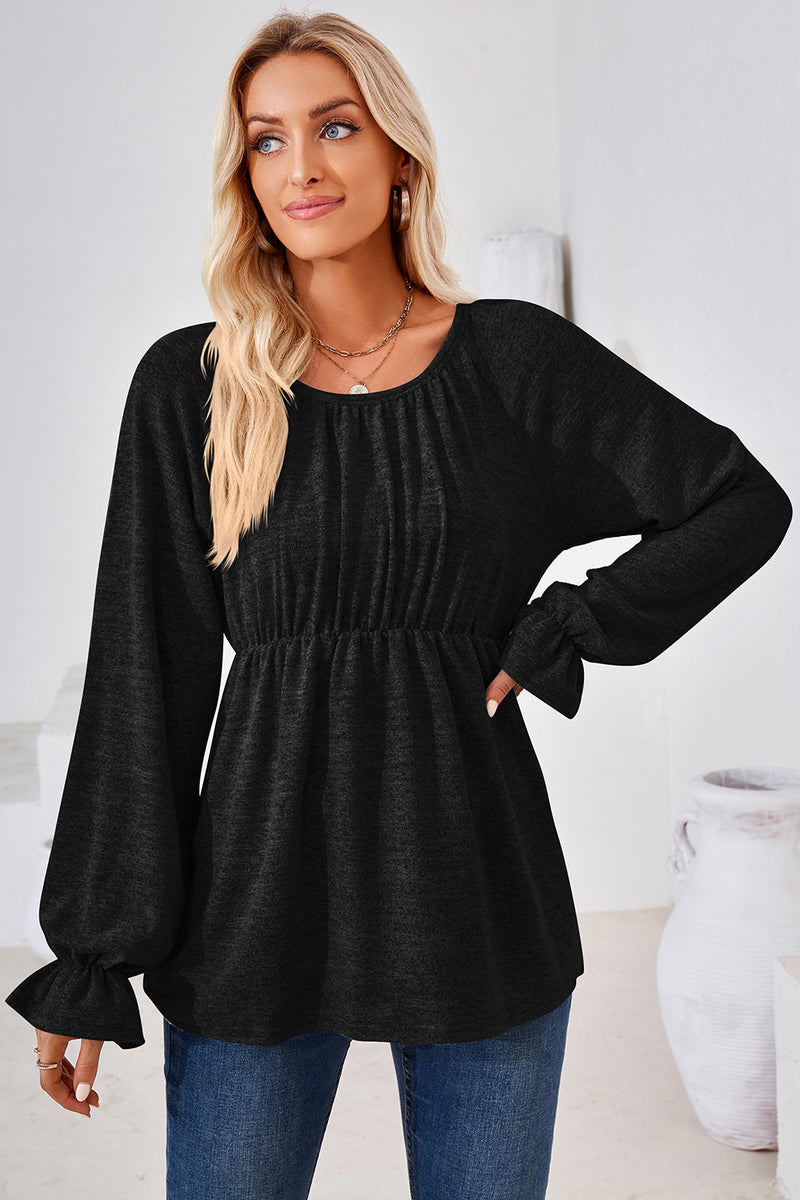 Ruched Round Neck Flounce Sleeve Blouse Black