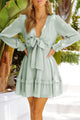 Tied Plunge Smocked Waist Flounce Sleeve Dress Light Green