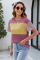 Color Block Round Neck Short Sleeve T-Shirt Purple Yellow