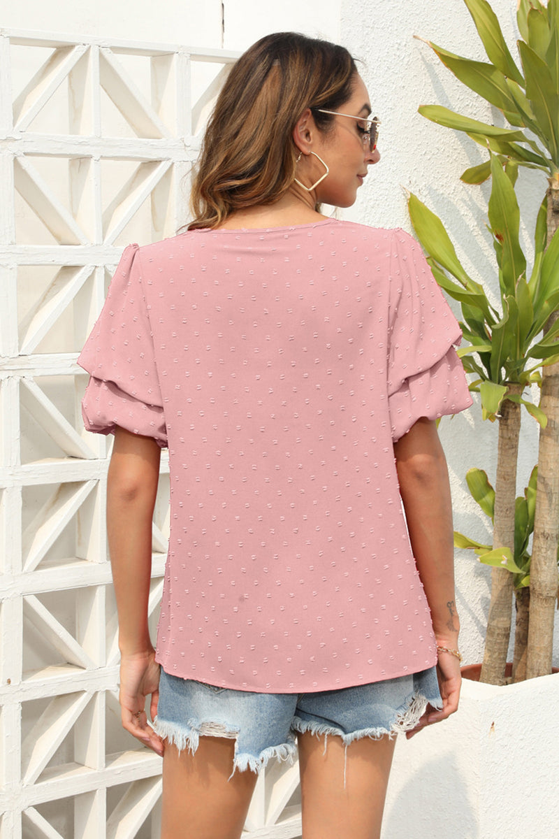 Swiss Dot V-Neck Short Sleeve Blouse