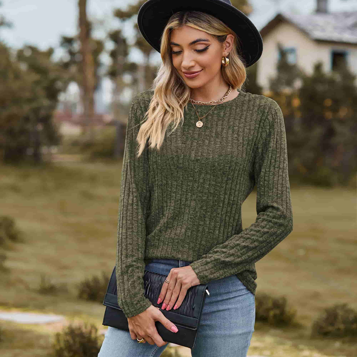Ribbed Round Neck Long Sleeve Tee