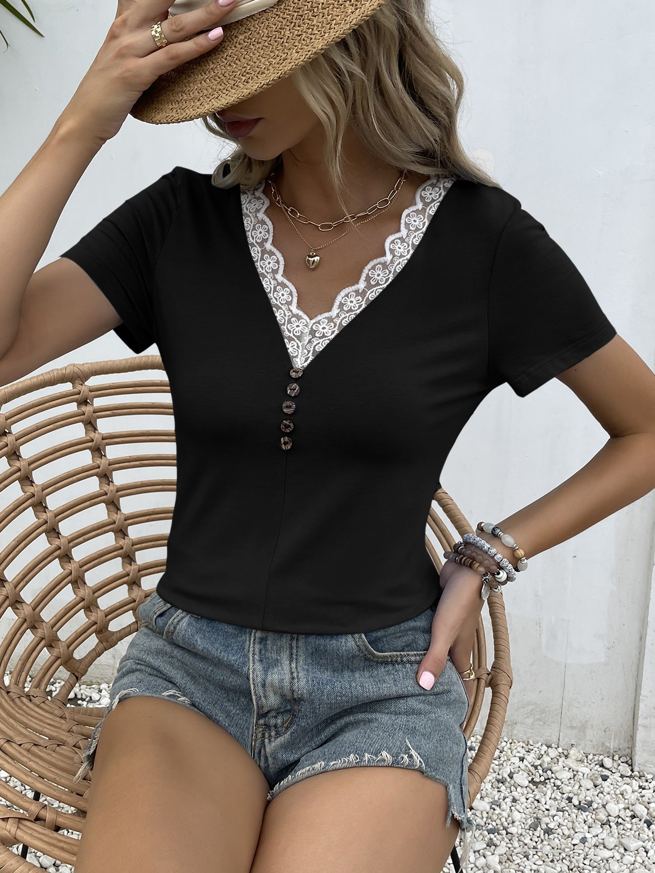 Ivy Lane Lace Trim V-Neck Short Sleeve Blouse Black