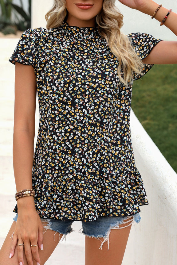 Ditsy Floral Mock Neck Short Sleeve T-Shirt Black