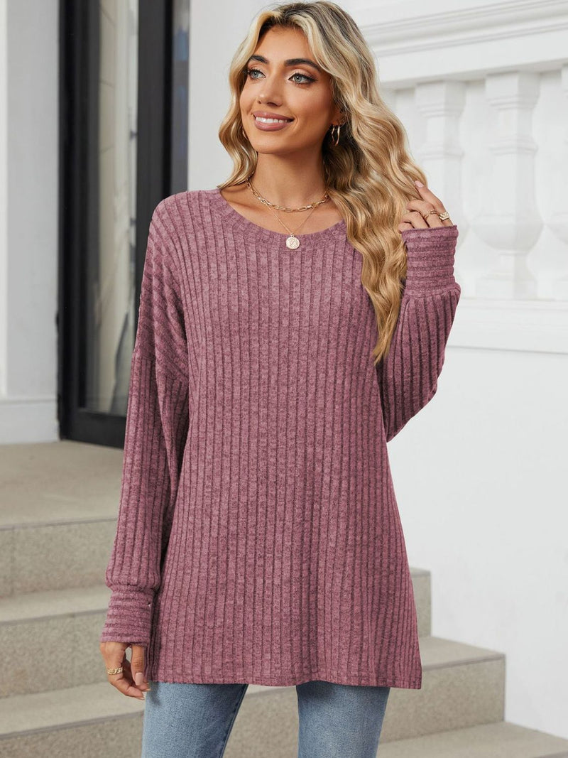 Ribbed Round Neck Long Sleeve T-Shirt