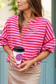 Striped Round Neck Long Sleeve Sweatshirt Fuchsia Pink