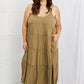 Zenana Full Size Spaghetti Strap Tiered Dress with Pockets in Khaki